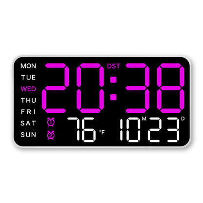 Stor digital veggklokke med LED-skjerm, dato og termometer 