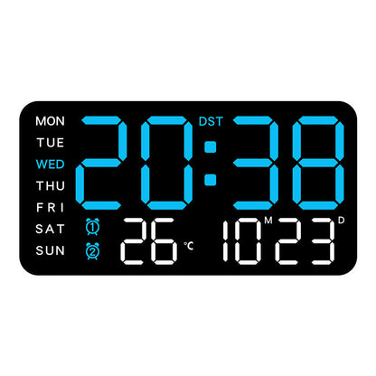 Stor digital veggklokke med LED-skjerm, dato og termometer 