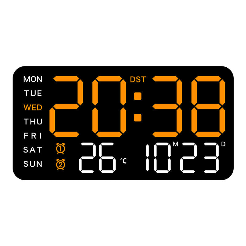 Stor digital veggklokke med LED-skjerm, dato og termometer 