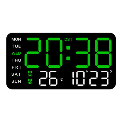 Stor digital veggklokke med LED-skjerm, dato og termometer 