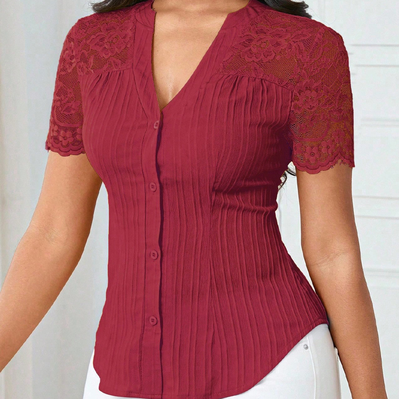 🌼TILBUD SISTE DAGS - 60 % RABATT👚Sommerbluse til dame med V-hals og blondeermer, knapper