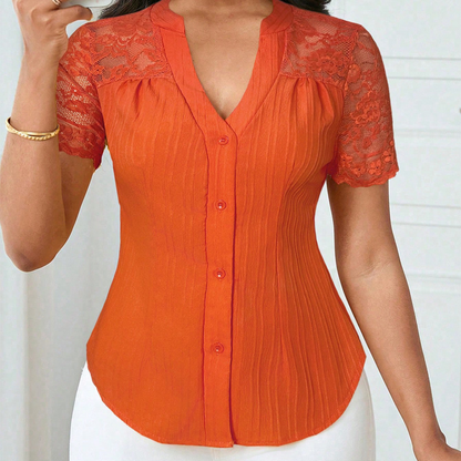 🌼TILBUD SISTE DAGS - 60 % RABATT👚Sommerbluse til dame med V-hals og blondeermer, knapper