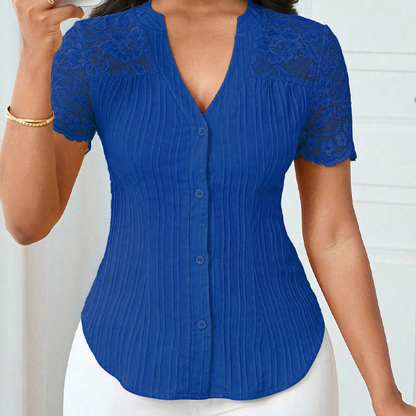🌼TILBUD SISTE DAGS - 60 % RABATT👚Sommerbluse til dame med V-hals og blondeermer, knapper
