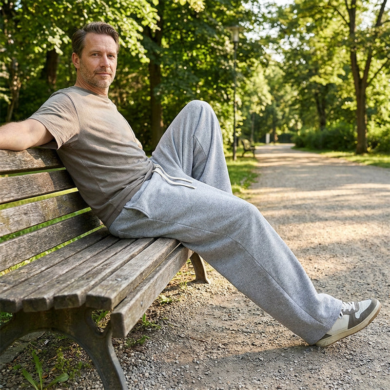 👖 Løse bukser for menn med snøring – Komfortabelt bomullsstoff, lommer og avslappet stil for hverdag og trening 🏃‍♂️