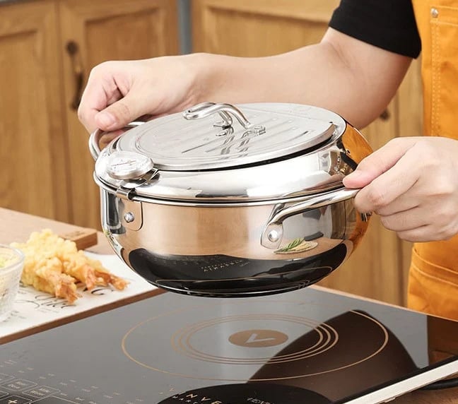 🍳🌡️ Rostfri fritöspanna med termometer – exakt temperatur för perfekt gyllene resultat ✨