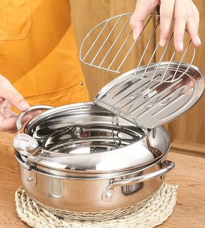 🍳🌡️ Rostfri fritöspanna med termometer – exakt temperatur för perfekt gyllene resultat ✨