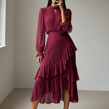 👗💕 50% RABATT! Begränsad Tid | Damernas Midi-klänning med Nyckelhålshals & Volangkant