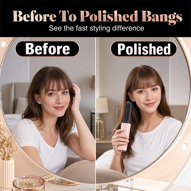 💇‍♀️ 50 % RABATT NU! 🔥 Bärbar kam för att skapa en ”bang”-frisyr – sladdlös uppvärmd stylingkam, mild värme & kompakt design – perfekt för snabba touch-ups på språng ✨