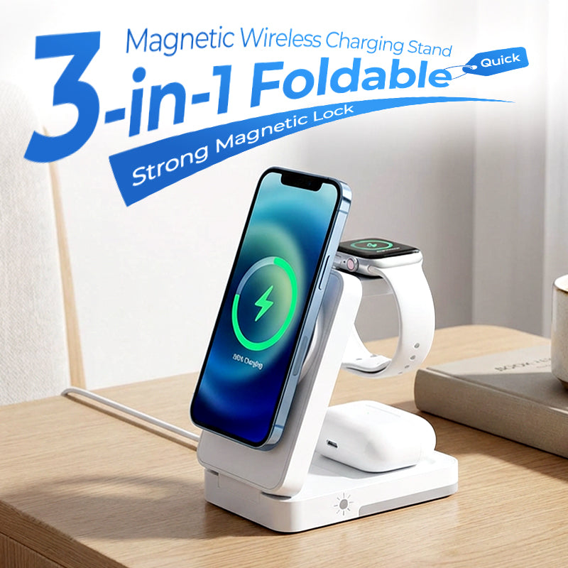 🔋 50% RABATT NU! 3-i-1 vikbart magnetiskt laddställ – ladda telefon, klocka & hörlurar samtidigt – perfekt för nattduksbordet, skrivbordet och resan 📱⌚🎧