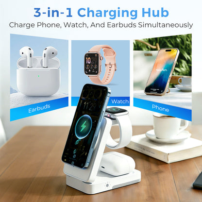 🔋 50% RABATT NU! 3-i-1 vikbart magnetiskt laddställ – ladda telefon, klocka & hörlurar samtidigt – perfekt för nattduksbordet, skrivbordet och resan 📱⌚🎧
