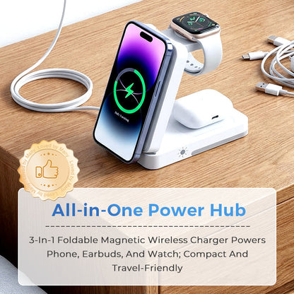 🔋 50% RABATT NU! 3-i-1 vikbart magnetiskt laddställ – ladda telefon, klocka & hörlurar samtidigt – perfekt för nattduksbordet, skrivbordet och resan 📱⌚🎧
