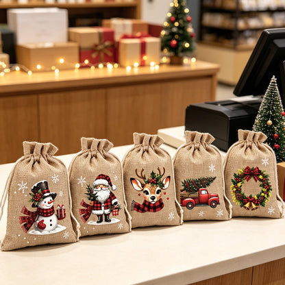 🎄✨ Julklappspåsar med dragsko – festliga tomte- och renmotiv med dubbel dragsko och hållbart tyg 🎁