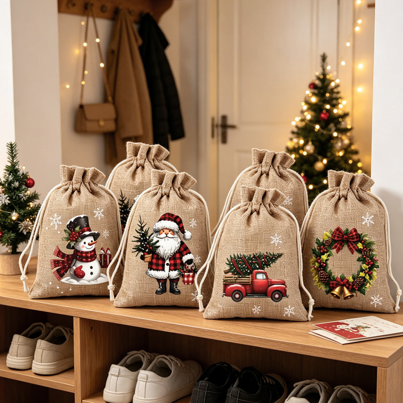 🎄✨ Julklappspåsar med dragsko – festliga tomte- och renmotiv med dubbel dragsko och hållbart tyg 🎁
