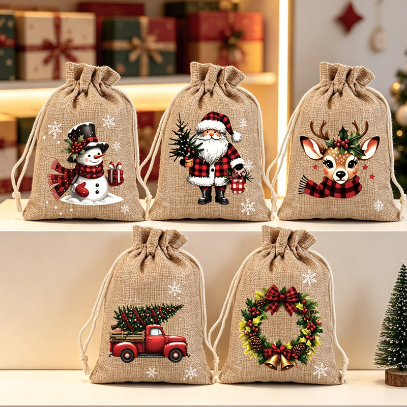 🎄✨ Julklappspåsar med dragsko – festliga tomte- och renmotiv med dubbel dragsko och hållbart tyg 🎁