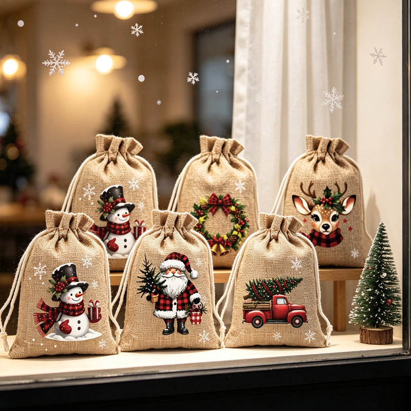 🎄✨ Julklappspåsar med dragsko – festliga tomte- och renmotiv med dubbel dragsko och hållbart tyg 🎁