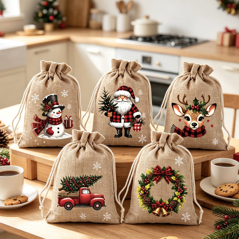 🎄✨ Julklappspåsar med dragsko – festliga tomte- och renmotiv med dubbel dragsko och hållbart tyg 🎁