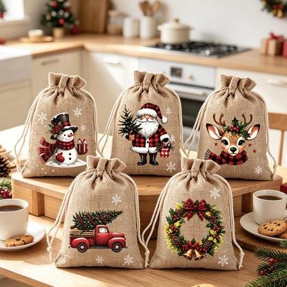 🎄✨ Julklappspåsar med dragsko – festliga tomte- och renmotiv med dubbel dragsko och hållbart tyg 🎁