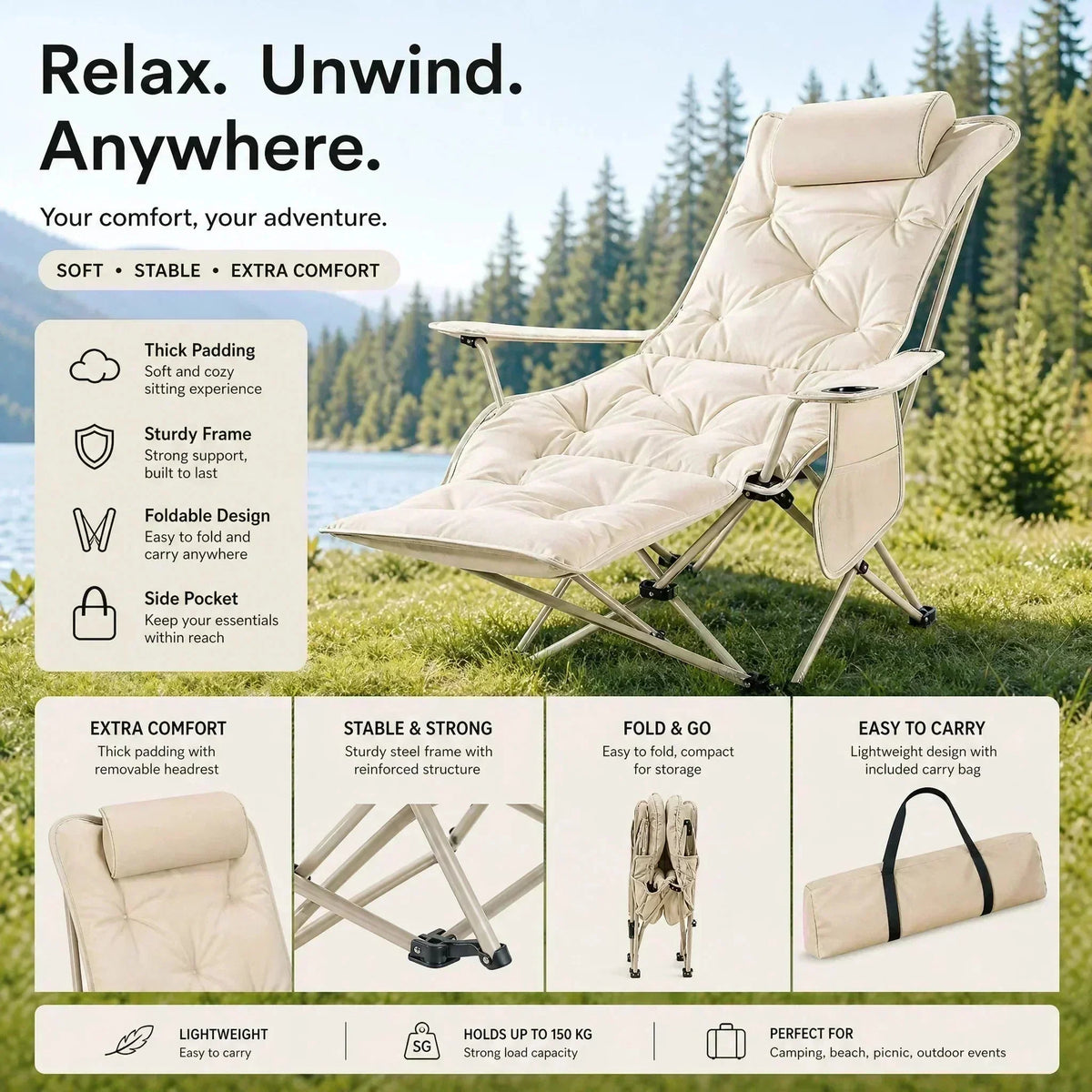 🪑🏕️ Bärbar justerbar hopfällbar stol för utomhusbruk – lätt, stabil & mångsidig för trädgård, camping, strand och terrass ✨🌿
