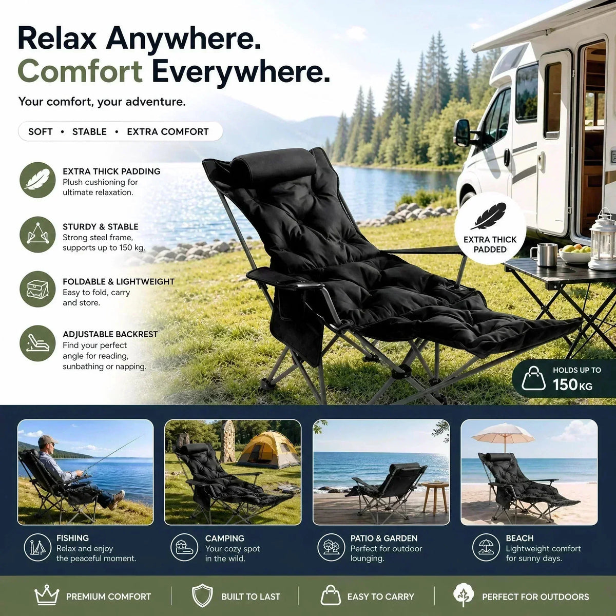 🪑🏕️ Bärbar justerbar hopfällbar stol för utomhusbruk – lätt, stabil & mångsidig för trädgård, camping, strand och terrass ✨🌿