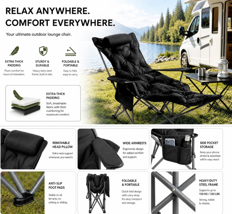 🪑🏕️ Bärbar justerbar hopfällbar stol för utomhusbruk – lätt, stabil & mångsidig för trädgård, camping, strand och terrass ✨🌿