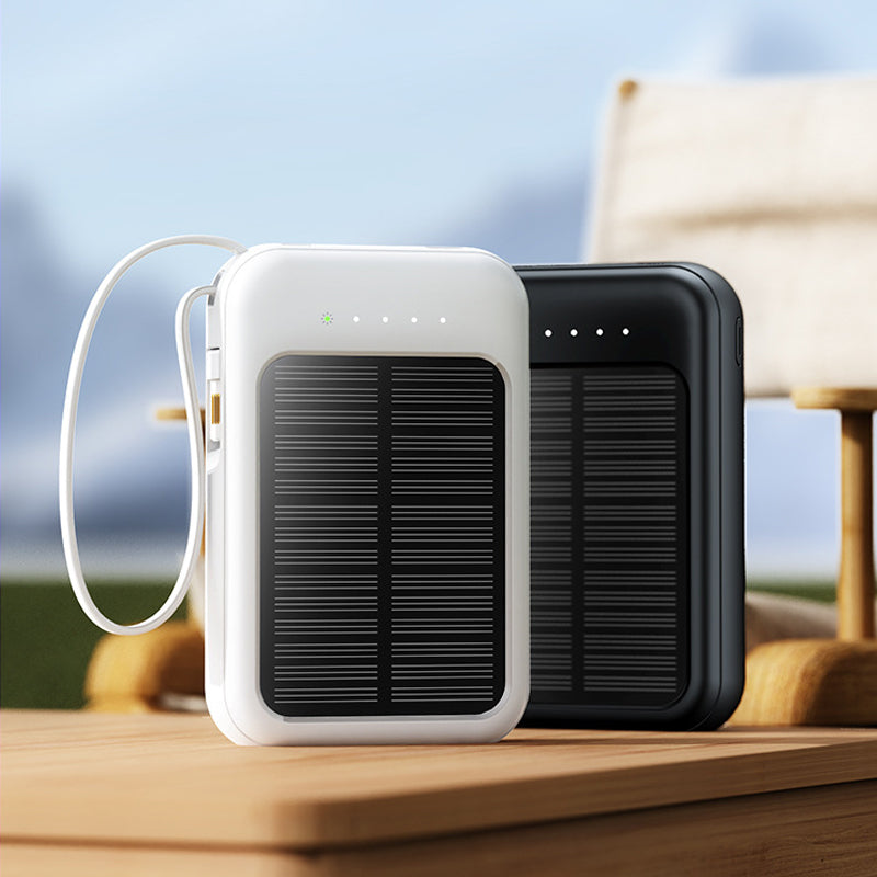 🔋☀️ Mini solpowerbank med inbyggda kablar – 4-i-1-laddning, solcellsladdning & LED-ficklampa ✨🔦