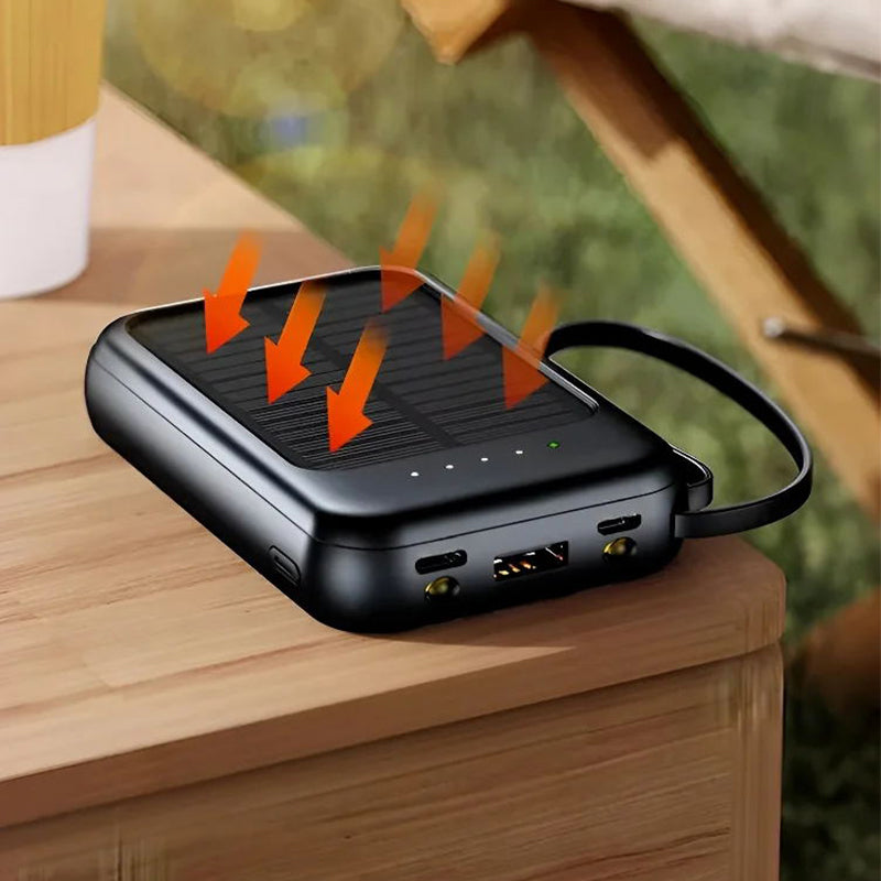 🔋☀️ Mini solpowerbank med inbyggda kablar – 4-i-1-laddning, solcellsladdning & LED-ficklampa ✨🔦