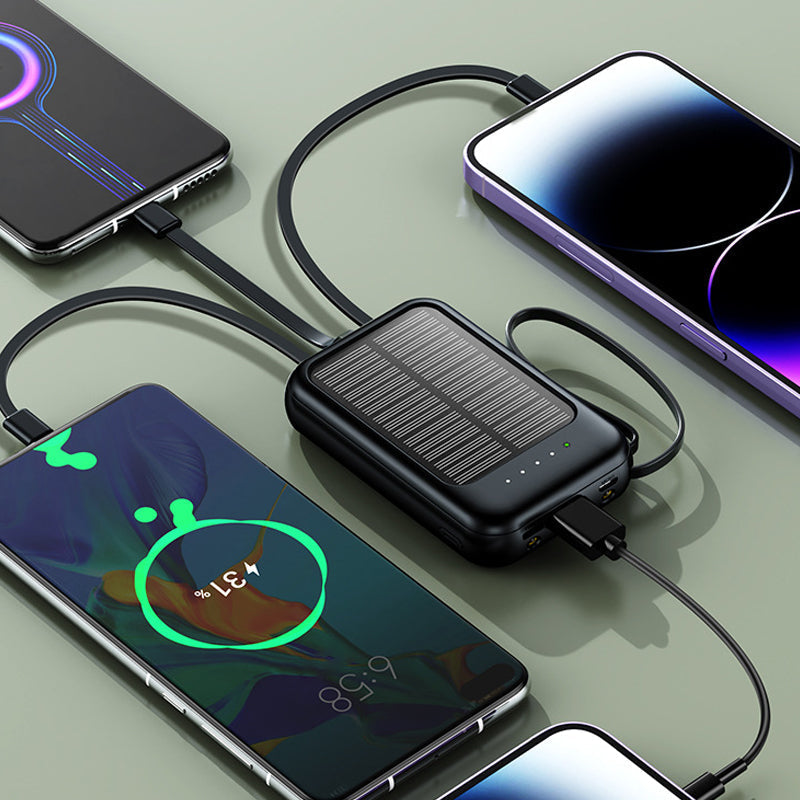 🔋☀️ Mini solpowerbank med inbyggda kablar – 4-i-1-laddning, solcellsladdning & LED-ficklampa ✨🔦