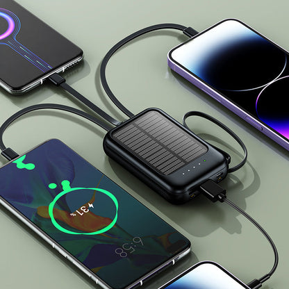 🔋☀️ Mini solpowerbank med inbyggda kablar – 4-i-1-laddning, solcellsladdning & LED-ficklampa ✨🔦