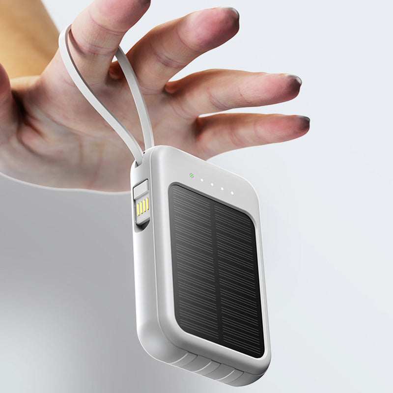 🔋☀️ Mini solpowerbank med inbyggda kablar – 4-i-1-laddning, solcellsladdning & LED-ficklampa ✨🔦