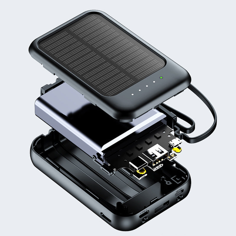🔋☀️ Mini solpowerbank med inbyggda kablar – 4-i-1-laddning, solcellsladdning & LED-ficklampa ✨🔦