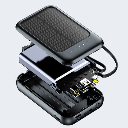 🔋☀️ Mini solpowerbank med inbyggda kablar – 4-i-1-laddning, solcellsladdning & LED-ficklampa ✨🔦