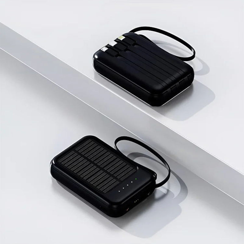 🔋☀️ Mini solpowerbank med inbyggda kablar – 4-i-1-laddning, solcellsladdning & LED-ficklampa ✨🔦