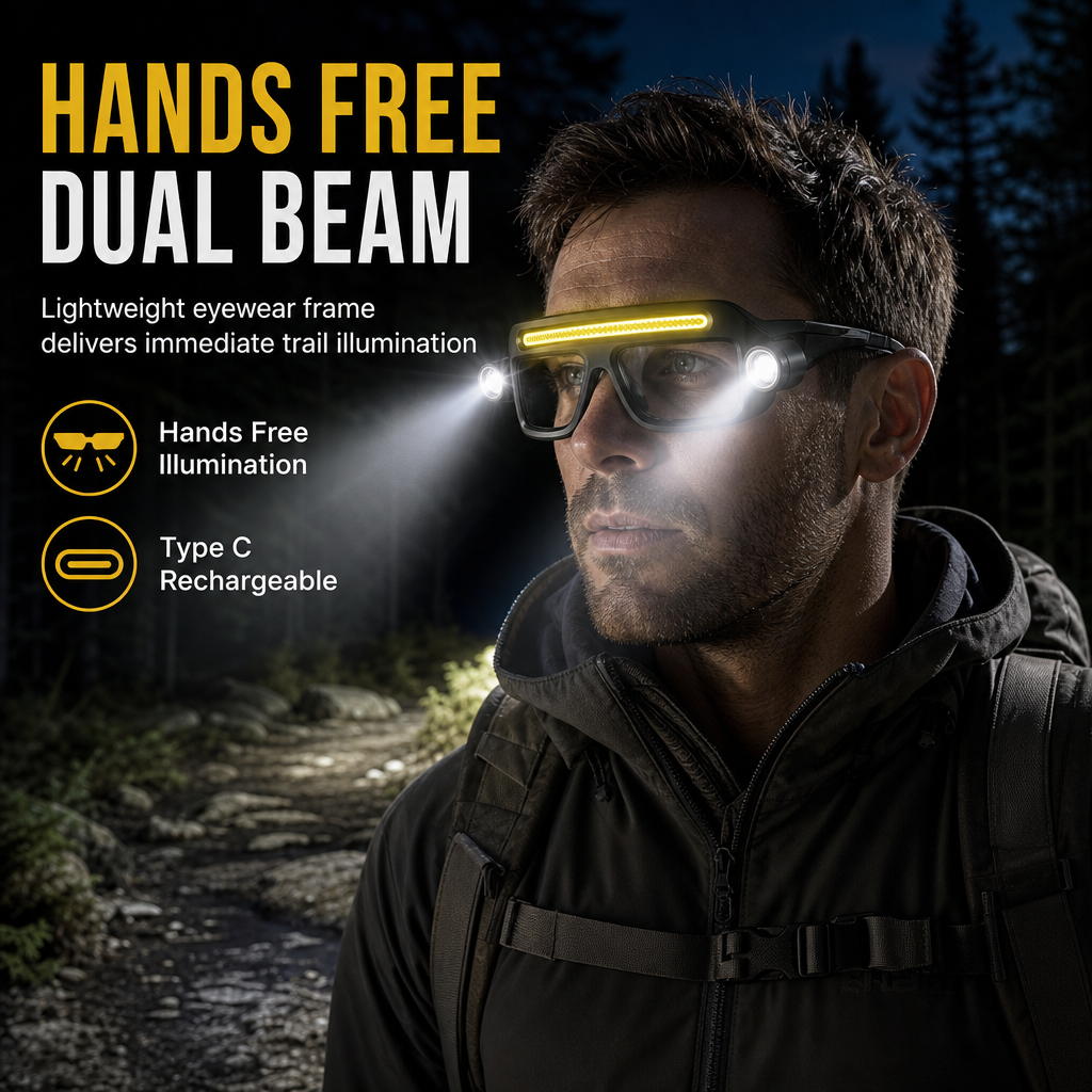 🔦✨ Uppladdningsbar glasögonlampa med dubbla ljushuvuden – praktisk handsfree-belysning för bilreparationer och friluftsliv 🚗🏕️
