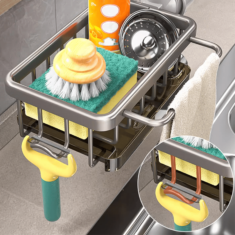 🧽🚰 Diskbänksställ i rostfritt stål för svamp och kran – smart förvaring för ett renare och mer organiserat kök ✨🏡