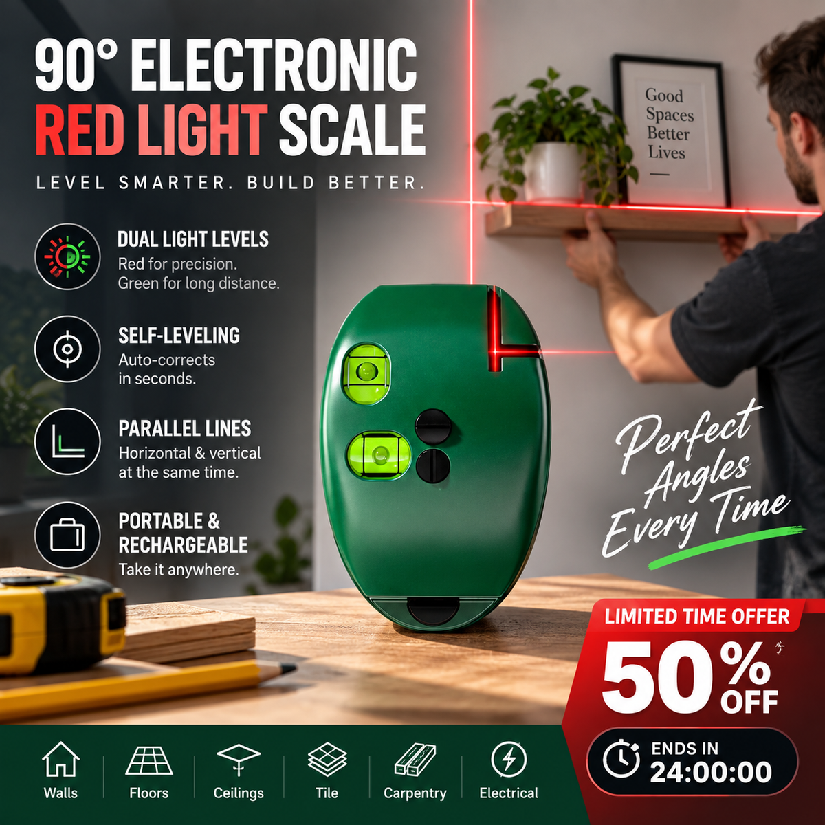 📐✨ Infrarött laserpass med 90° rät vinkel – exakta horisontella & vertikala linjer för montering, målning och kakelsättning 🔧