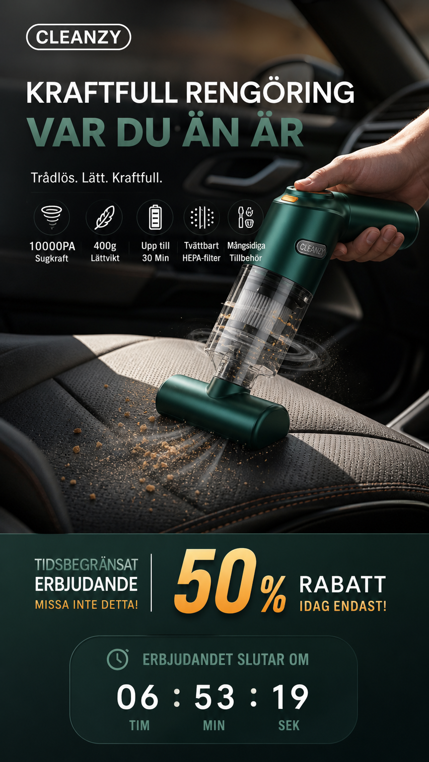 🚗💨 Trådlös bildammsugare – 10 000 Pa sugkraft, 400 g lätt design & 4 000 mAh batteri ✨