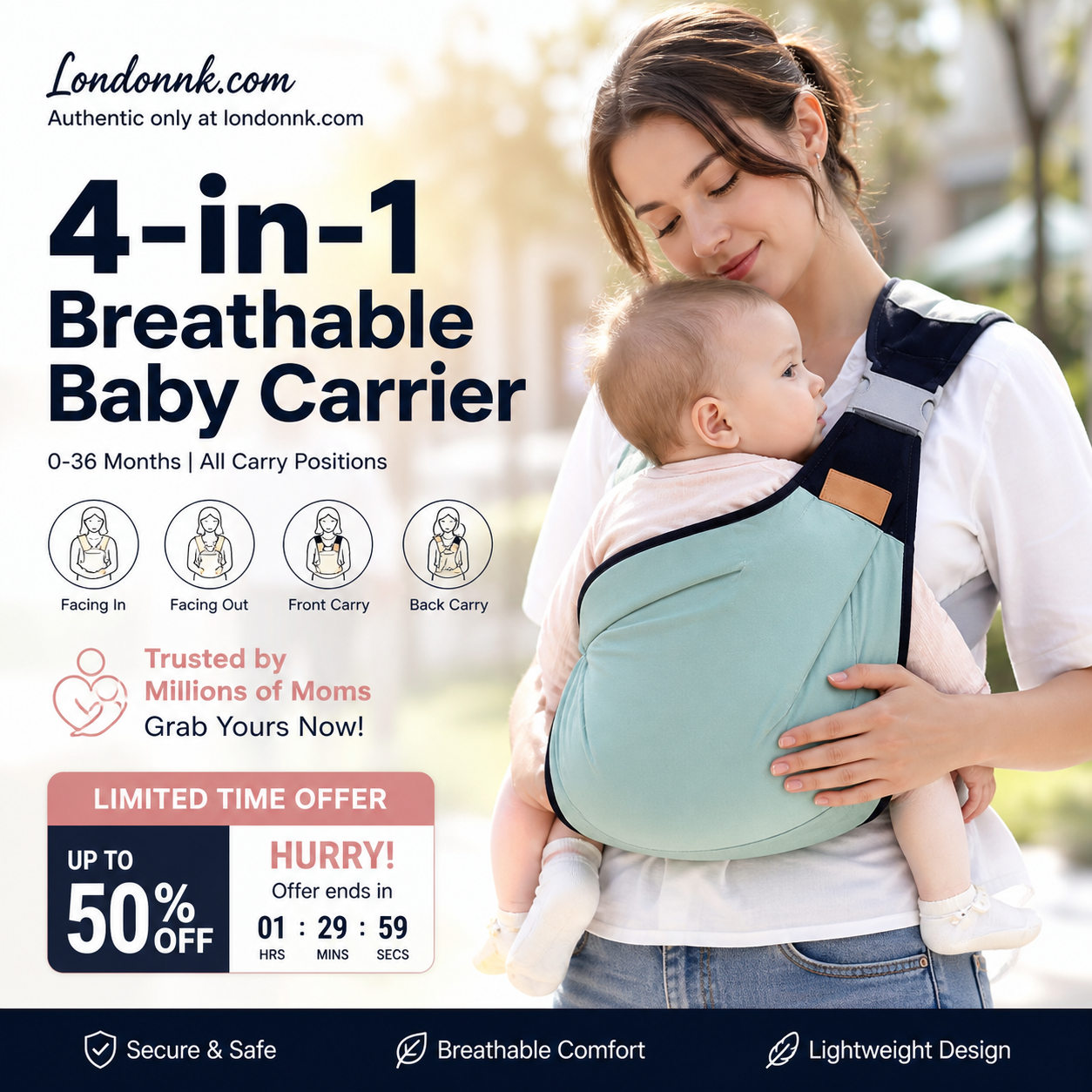 🎉 Rea 2026 – Över 30 000 sålda! 👶 4-i-1-bärsel med god ventilation – 0–36 månader, fram/bak/med barnet vänd inåt/utåt – bekväm och händer-fria för föräldrar och barn! ✨